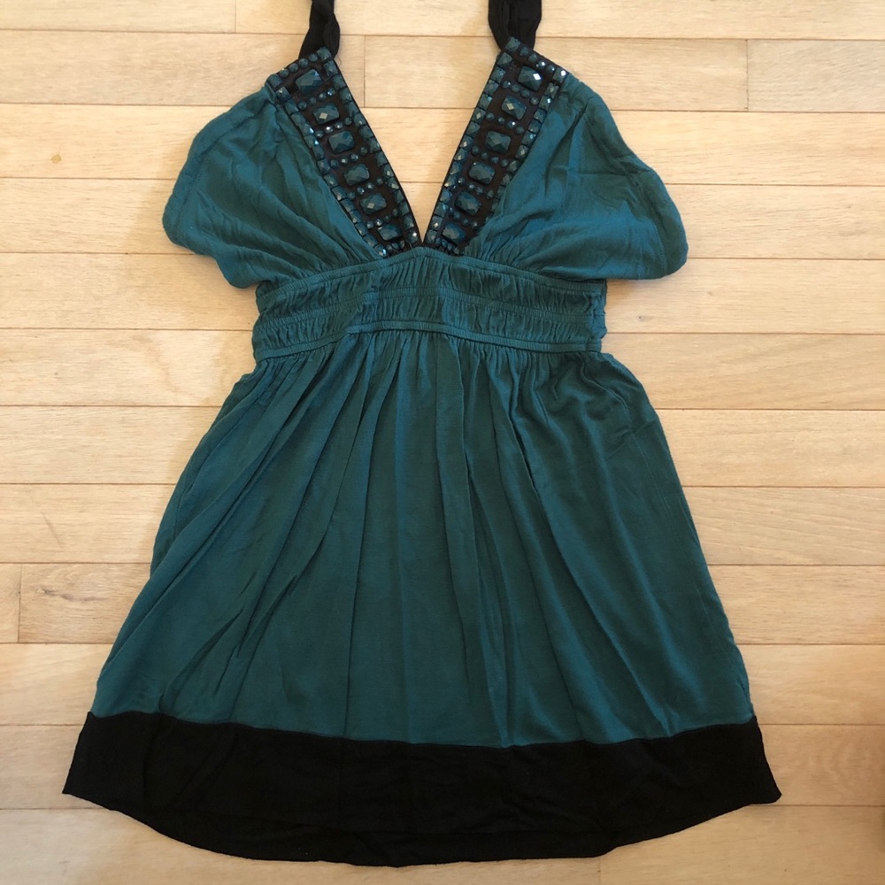 Jaloux Teal Beaded Halter Top XS